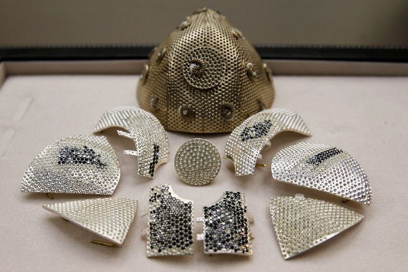 Parts of a diamond encrusted gold coronavirus disease (COVID-19) face mask, is seen in a fine jewelry factory in Motza, Israel August 11, 2020. Picture taken August 11, 2020. REUTERS/ Ronen Zvulun